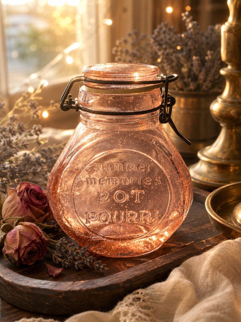 Vintage Blush Pink Glass Potpourri Jar w/ Clamp Lid – “Summer Memories”